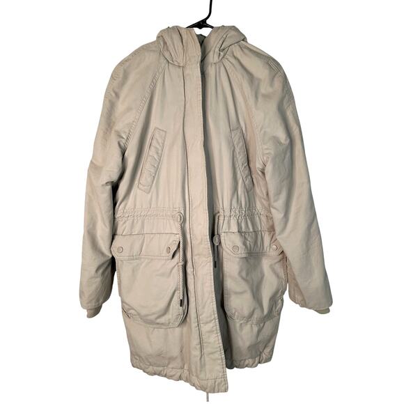 H&M Womans S Oversized Parka Hooded Long Barn Jacket Quilted Chore Coat Tan - Picture 1 of 9
